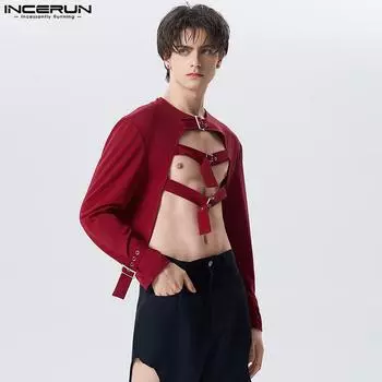 INCERUN Весенний мужской укороченный топ с длинными рукавами и пряжкой с вырезом, пиджак