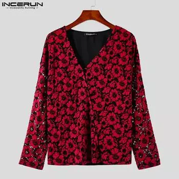 INCERUN Весенний принт Мужские тонкие топы с длинными рукавами