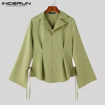 INCERUN Весенняя мужская клубная одежда с длинным рукавом и рюшами, рубашка с лацканами и дизайном