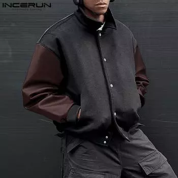 INCERUN Весенняя мужская куртка из искусственной кожи с длинным рукавом в стиле пэчворк, повседневные пальто в бейсбольном стиле 4XL красный