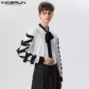 INCERUN Весенняя мужская рубашка с лентой и крестиком на рукавах с галстуком-воротником и цветной рубашкой