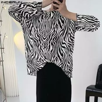 INCERUN Весенняя мужская свободная футболка с длинными рукавами и рябью