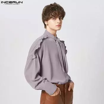 INCERUN Весенняя мужская свободная рубашка с длинным рукавом с рюшами на плечах и галстуком-бабочкой