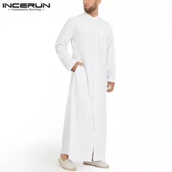 INCERUN Весенняя тонкая мужская модная мусульманская одежда с длинными рукавами и длинными рубашками Кафтан Исламская одежда Джубба Халаты Твердые повседневные свободные макси-блузки размера плюс