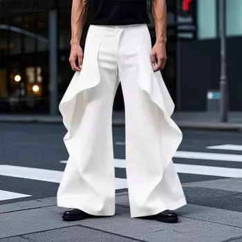 INCERUN Весна-лето мужские повседневные длинные брюки с оборками в стиле пэчворк на молнии с талией 2XL чёрный