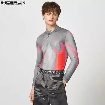 INCERUN Весна-лето мужские узкие топы с принтом