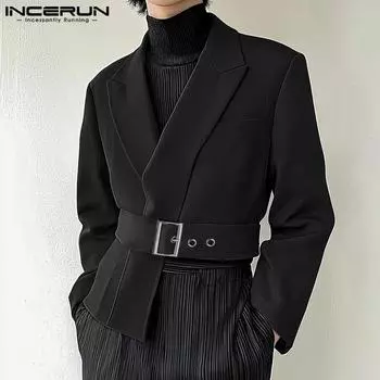 INCERUN Весна Мужской Длинный Рукав Пояс Блейзер Нестандартные Короткие Пальто S чёрный