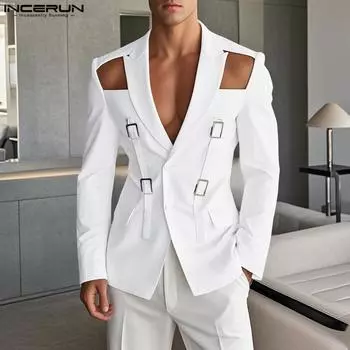 INCERUN Весна Мужской Длинный Рукав Вырез Тонкий Блейзер Лоскутное Полое Пальто 4XL белый