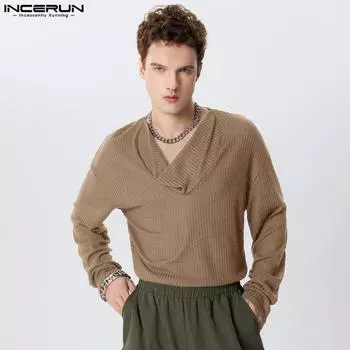 INCERUN Весна Осень Мужские Длинные Рукава Свитера Повседневные С Капюшоном Трикотажные Пуловеры Топы S чёрный