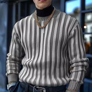 INCERUN Весна Осень Мужские Круглые Шеи Длинные Рукава Свитера Повседневные Полосатые Трикотажные Пуловеры Топы S серый