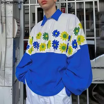 INCERUN Весна Осень Топы Мужские Длинные Рукава Цветочный Принт Лацканы Пуловеры M темно-синий