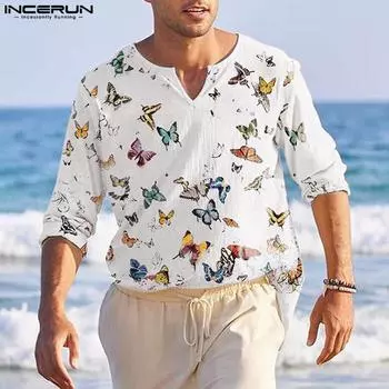 INCERUN весна-осень топы мужские V-образный вырез длинный рукав цветочный принт повседневные топы 4XL белый