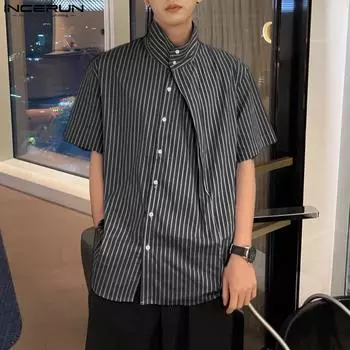 INCERUN Vinateg мужские рубашки в полоску с воротником-стойкой и короткими рукавами, топы на пуговицах S чёрный