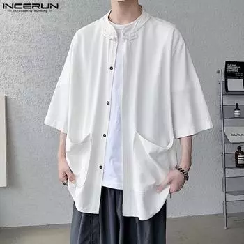 INCERUN Винтажные мужские рубашки свободного покроя с коротким рукавом, летние повседневные однотонные топы XL чёрный