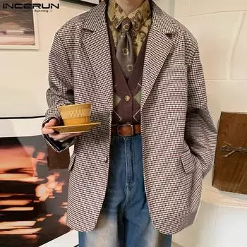 INCERUN Винтаж Ретро Мужской Пиджак С Длинным Рукавом И Зазубренным Лацканом Открытый Перед Костюм Пальто M хаки