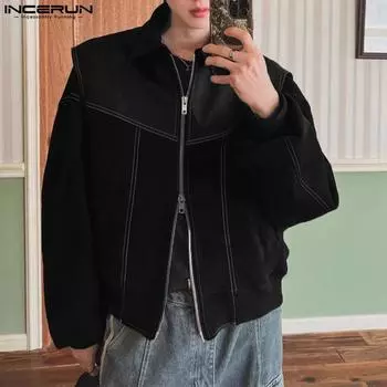 INCERUN Винтажные мужские куртки с длинным рукавом на молнии из искусственной кожи в стиле пэчворк из замши S чёрный