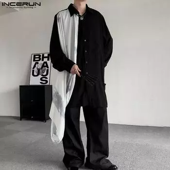 INCERUN Винтажные мужские лоскутные рубашки с длинным рукавом и цветочным принтом, длинные рубашки больших размеров, топы с рюшами 3XL чёрный