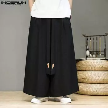 INCERUN Винтажные мужские вышитые бандажные широкие брюки повседневные эластичные свободные мешковатые брюки S чёрный