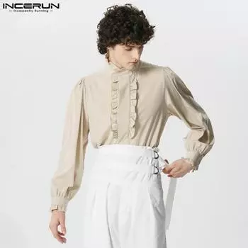 INCERUN Винтажные весенние мужские рубашки в стиле ретро с длинными пышными рукавами и рюшами S чёрный