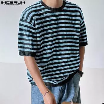INCERUN в полоску с круглым вырезом мужские повседневные футболки с короткими рукавами