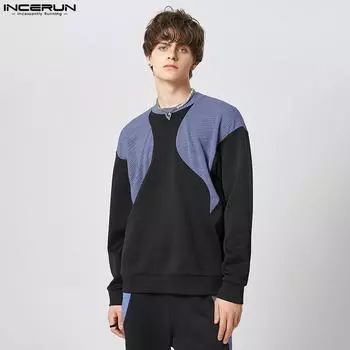 INCERUN весенне-осенние мужские цветные топы с длинными рукавами и круглым вырезом