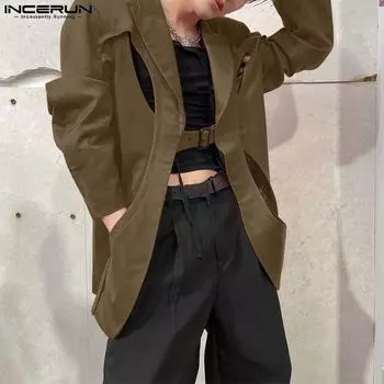 INCERUN весенне-осенний мужской костюм с длинными рукавами и лацканами, Блейзер, стильный однотонный повседневный свободный пиджак, пальто большого размера