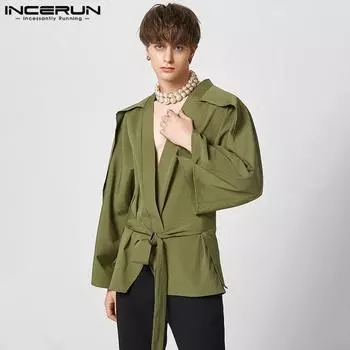 INCERUN весенне-осенний мужской свободный кардиган на шнуровке с поясом и поясом