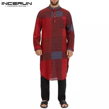INCERUN весенние мусульманские мужские модные курта индийские пакистанские топы с разрезом на подоле клетчатые мужские длинные рубашки халат S-5XL