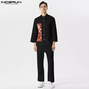INCERUN весенние мужские комплекты из 2 предметов с вышивкой цветные рубашки с эластичной резинкой на талии длинные брюки