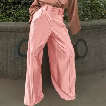 INCERUN весенние мужские модные шелковистые широкие длинные брюки свободные однотонные повседневные свободные брюки с высокой талией размера плюс