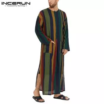 INCERUN весенние мужские мусульманские модные мужские полосатые халаты с длинными рукавами на пуговицах Абая кафтан саудовский принт длинные топы рубашки S зелёный