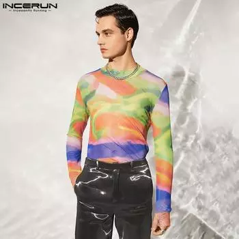 INCERUN весенние мужские облегающие футболки с длинными рукавами и принтом, дышащие полые майки, повседневные тонкие футболки, S-5XL