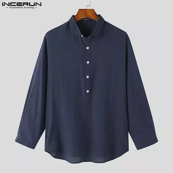 INCERUN весенние мужские однотонные хлопковые рубашки