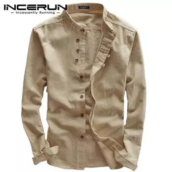 INCERUN весенние мужские однотонные рубашки в льняном стиле с длинным рукавом и пуговицами, повседневная посадка, торжественное платье, топы, рубашка