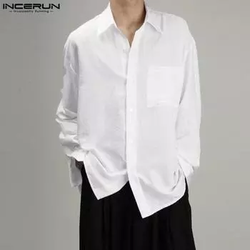 INCERUN весенние мужские однотонные свободные рубашки с длинными рукавами