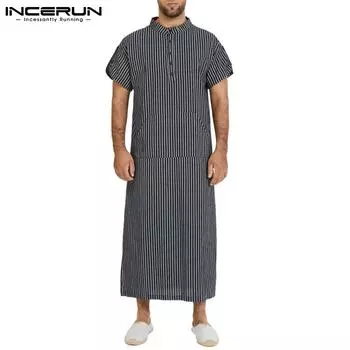 INCERUN, весенние винтажные полосатые халаты, ночная рубашка для мужчин, свободные повседневные рубашки с круглым вырезом и короткими рукавами, кафтан, платье, длинный топ, халаты