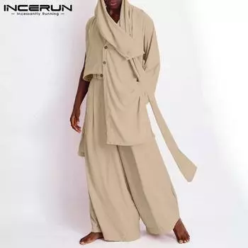 INCERUN весенний комплект мужской одежды нестандартного стиля, шарф, модные рубашки, длинные брюки, Абая, мусульманский Дубай, одежда, костюм, повседневный свободный размер, плюс размер 2XL белый