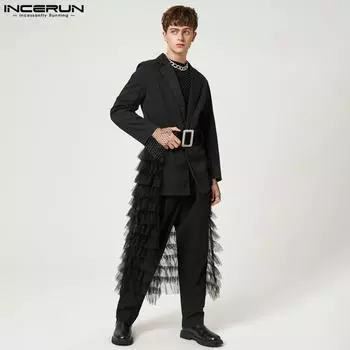 INCERUN весенний мужской черный кружевной пиджак пальто