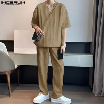 INCERUN весенний мужской костюм из двух предметов с короткими рукавами + брючный костюм, простой плиссированный однотонный костюм