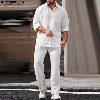 INCERUN весенний мужской однотонный костюм из двух предметов, рубашки с длинными рукавами, брюки, комплекты S чёрный