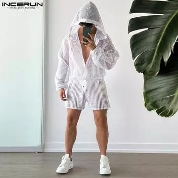 INCERUN весенний мужской прозрачный костюм из 2 предметов белого цвета, пальто и шорты, свободный костюм