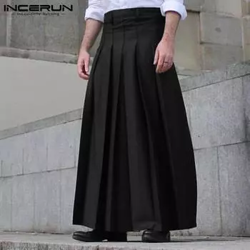 INCERUN, весенняя мужская модная плиссированная длинная юбка в стиле ретро, однотонная повседневная свободная юбка макси с высокой талией, большие размеры