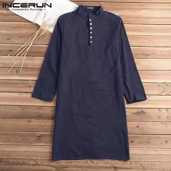 INCERUN весенняя мужская повседневная рубашка с воротником-стойкой и длинными рукавами, однотонные длинные топы, уличная одежда, мусульманский кафтан в стиле ретро S тёмно-синий