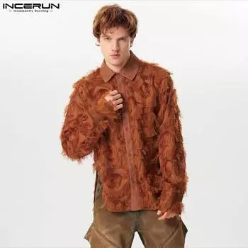 INCERUN весна-лето мужские однотонные прозрачные рубашки с длинным рукавом на пуговицах