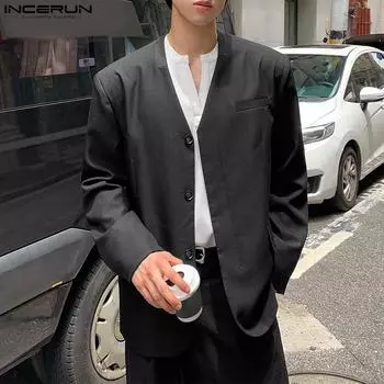 INCERUN весна осень мужские топы с V-образным вырезом и пуговицами с длинным рукавом повседневные кимоно рубашки S чёрный