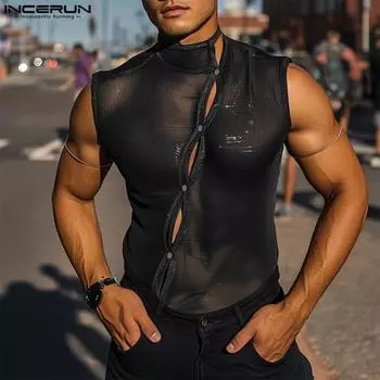 INCERUN White Men Sleeveless Stitching See Through Mesh Sheer Glitter Tank Tops S