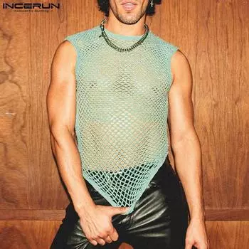 INCERUN Зеленые мужские прозрачные топы из сетки