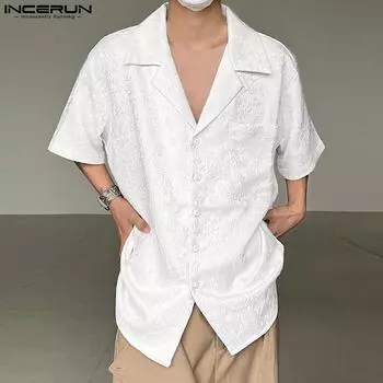 INCERUN Жаккардовые летние мужские однотонные рубашки с короткими рукавами