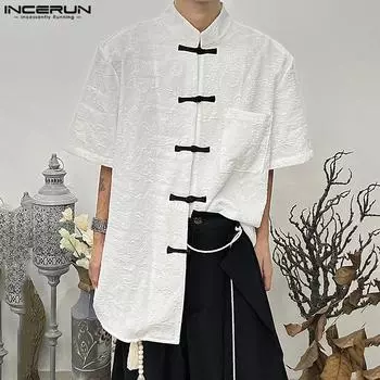 INCERUN Жаккардовый дизайн в китайском стиле, рубашки кунг-фу, тисненый воротник-стойка, топы с короткими рукавами