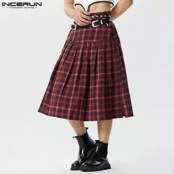 INCERUN Женская и мужская клетчатая юбка с высокой талией, свободные повседневные килты унисекс
